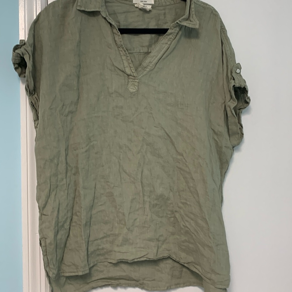 Nicole Miller linen shirt size L moss or army green mother pearl look buttons